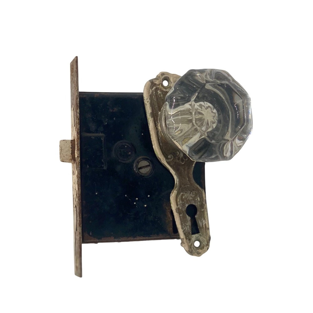 Vintage Mortise Lock Set with Fluted Glass Knob Ornate Escutcheon Plate Black